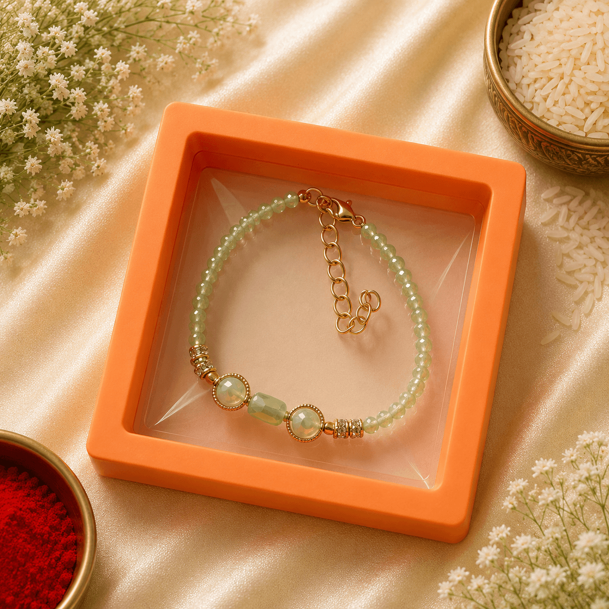 Emerald Leaf Bhaiya Bhabhi Rakhi Set
