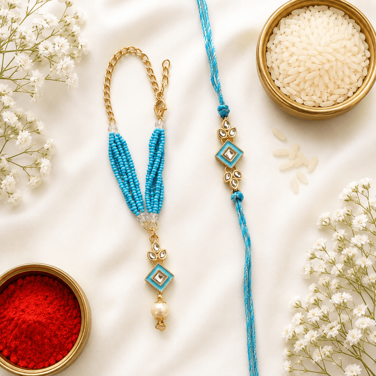 Aqua Meenakari Bhaiya Bhabhi Rakhi Set