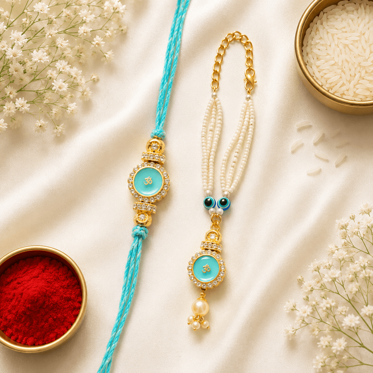 Blush Floral Pearl Bhaiya Bhabhi Rakhi Set