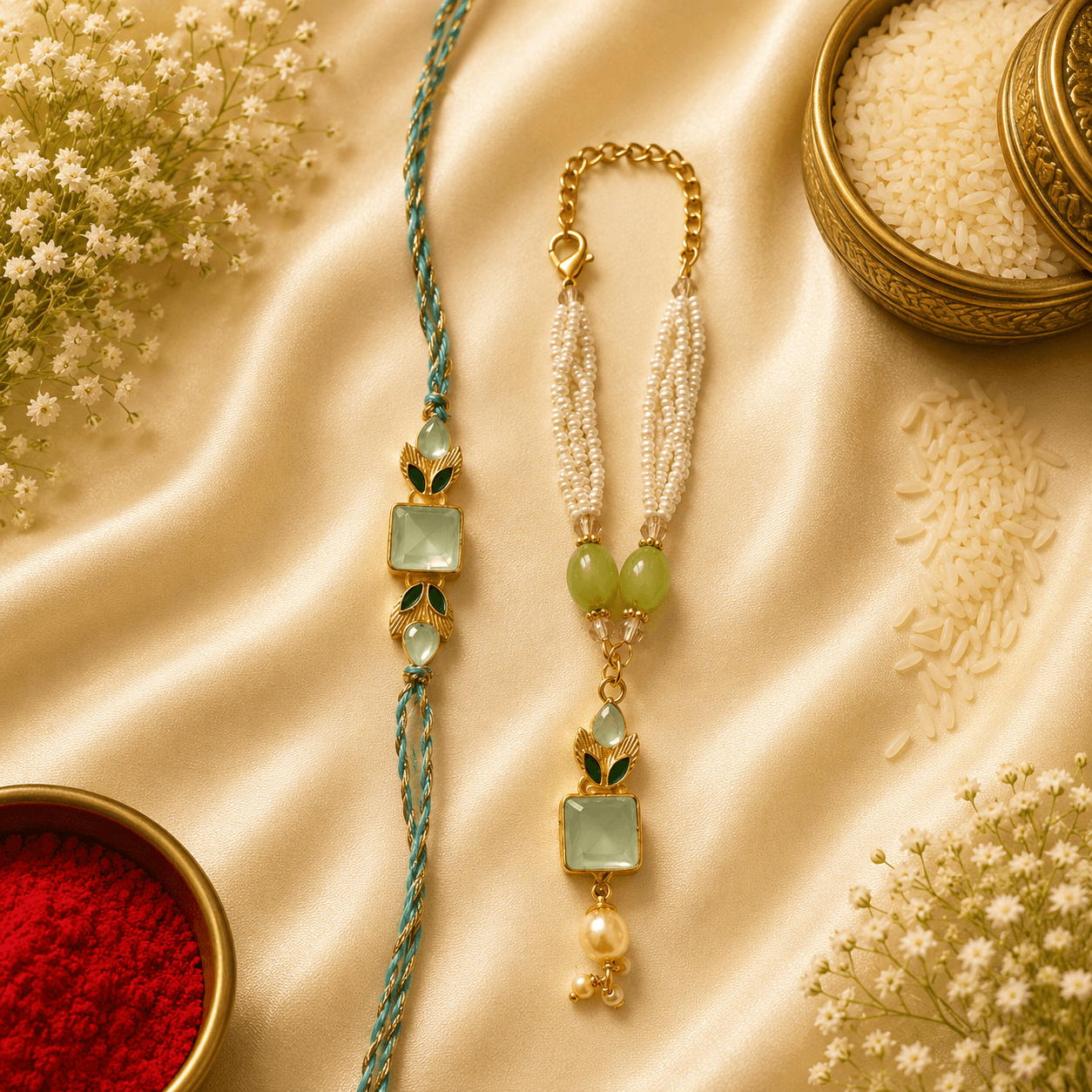 Mint Square Stone Bhaiya Bhabhi Rakhi Set
