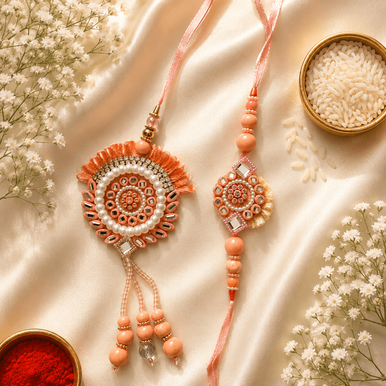Peach Pearl Mirror Bhaiya Bhabhi Rakhi Set