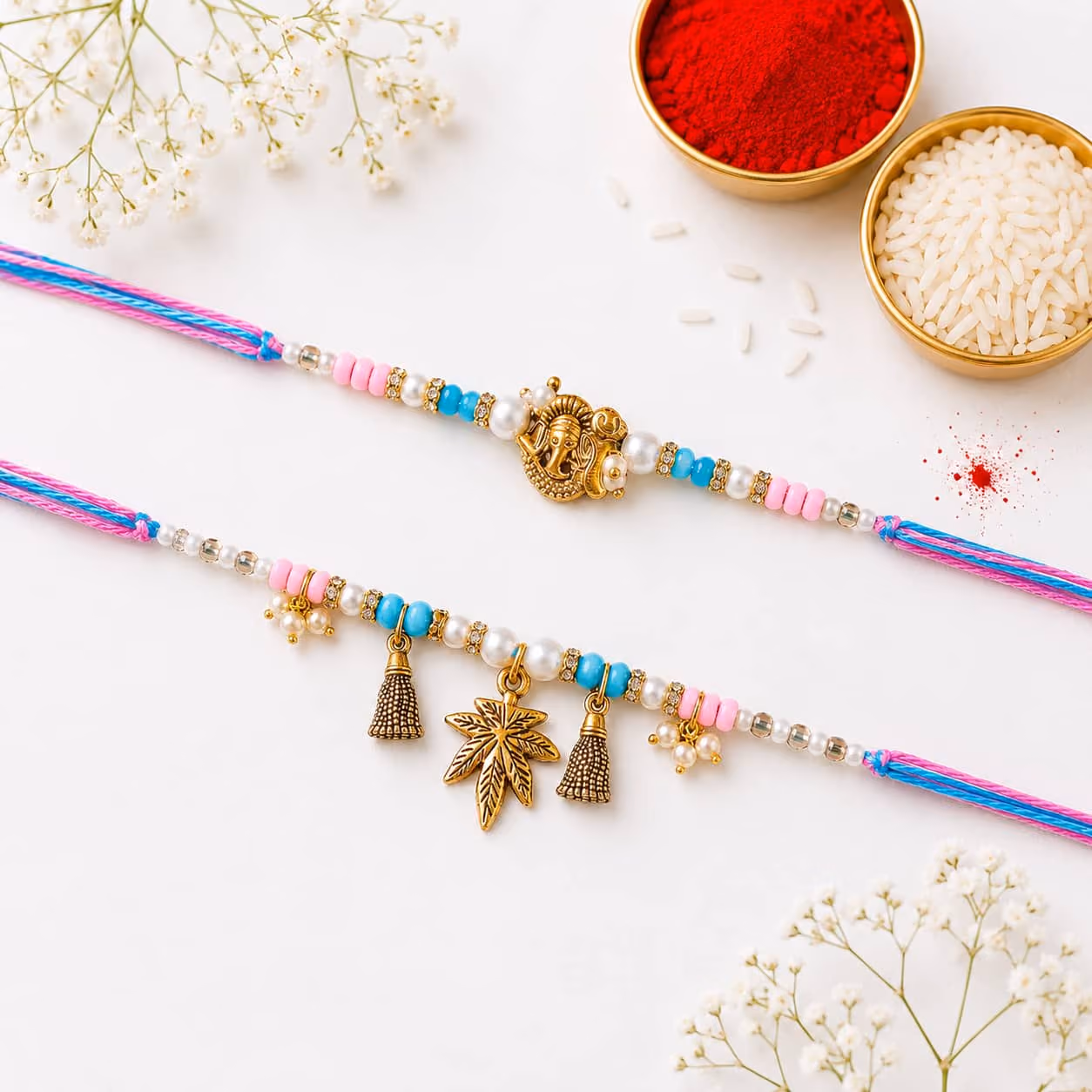 Ganesha Leaf Bhaiya Bhabhi Rakhi Set