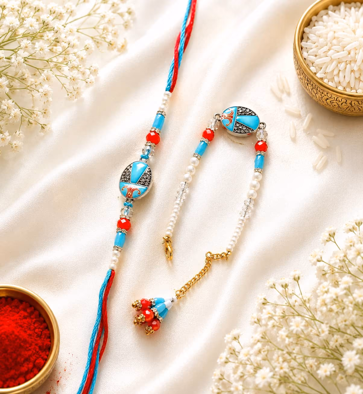 Turquoise Pearl Bhaiya Bhabhi Rakhi Set