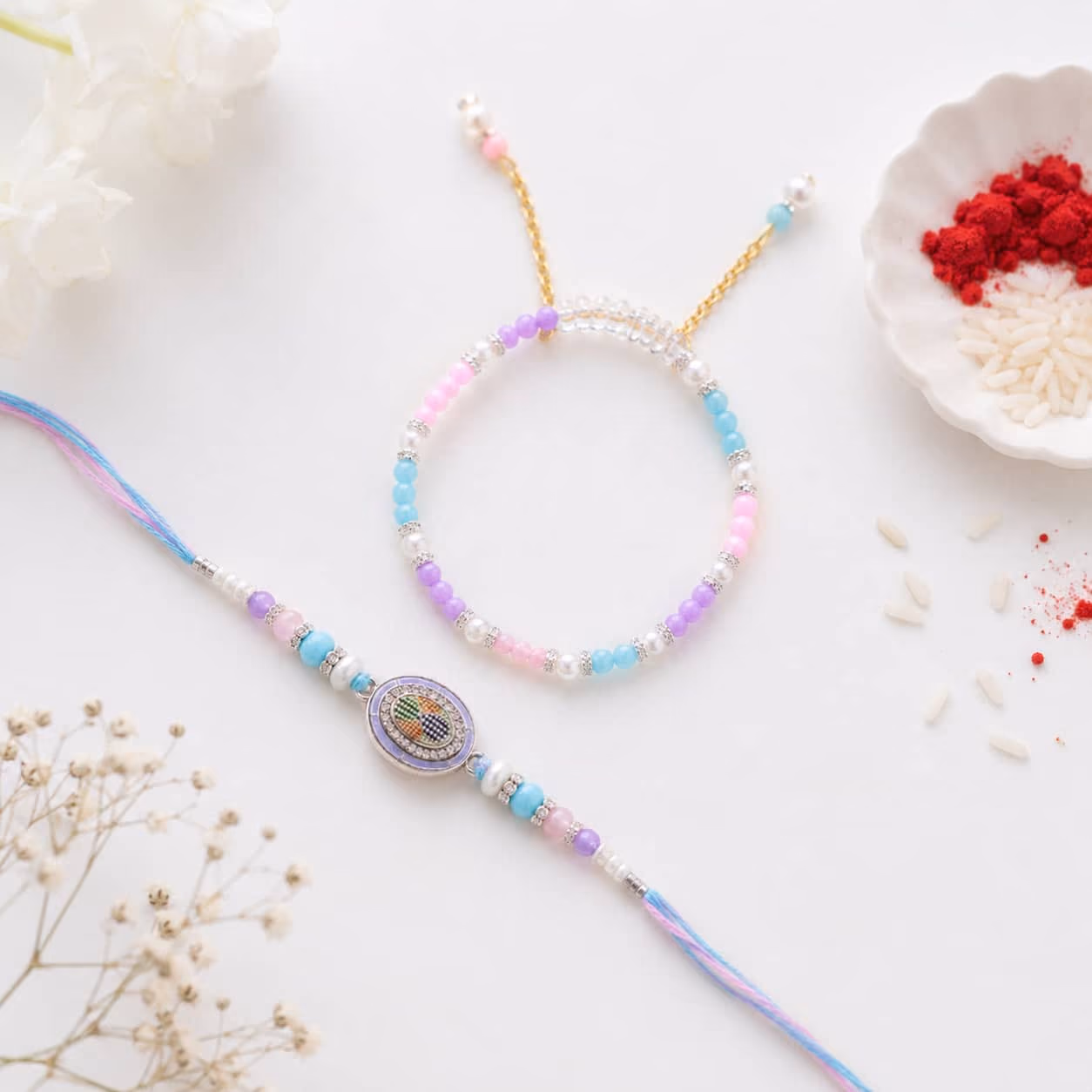 Lavender Mosaic Rakhi & Bracelet Set