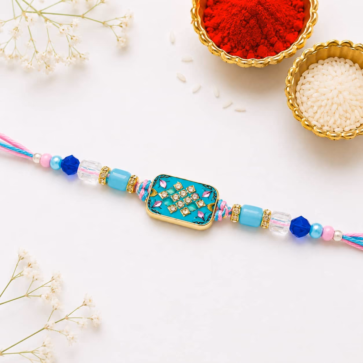 Teal Kundan Floral Designer Rakhi