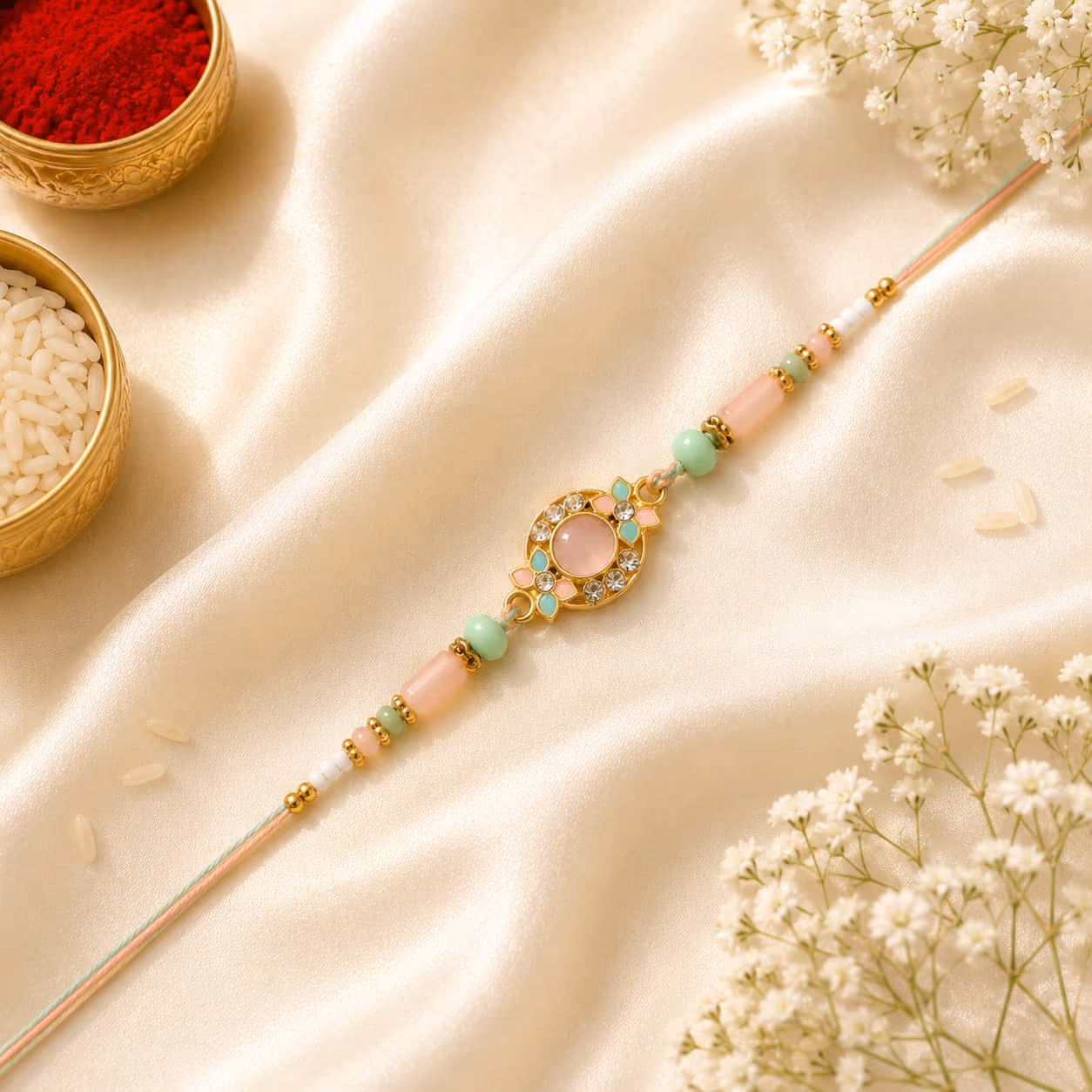 Peach Mint Kundan Halo Rakhi