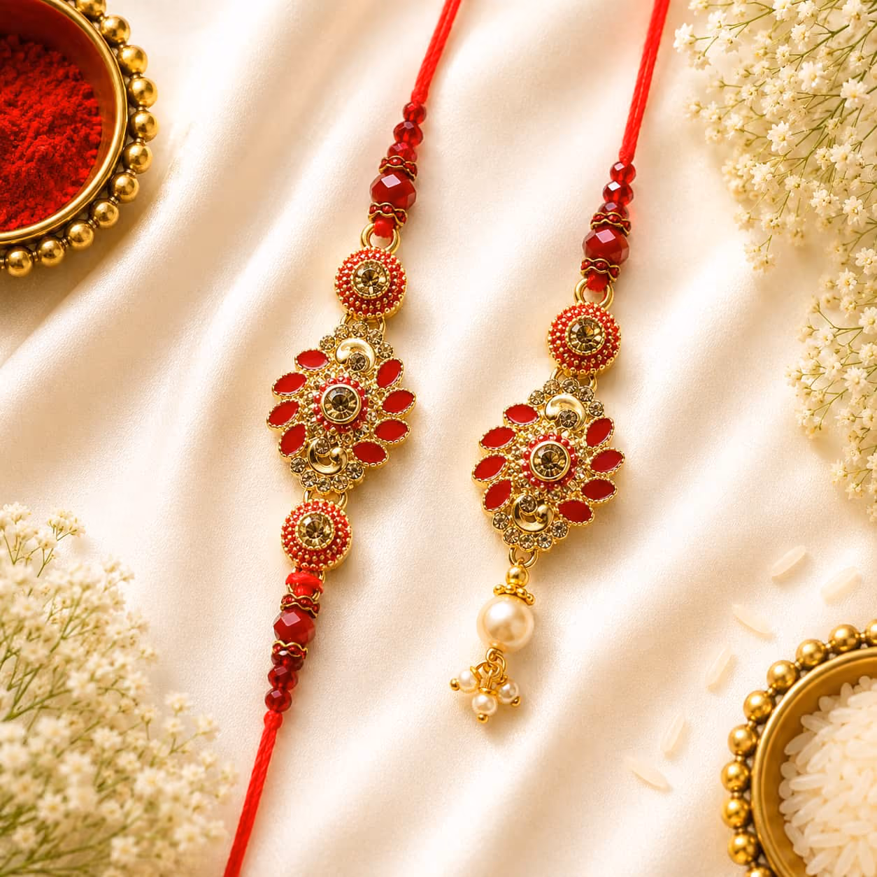 Crimson Bloom Bhaiya Bhabhi Rakhi Set