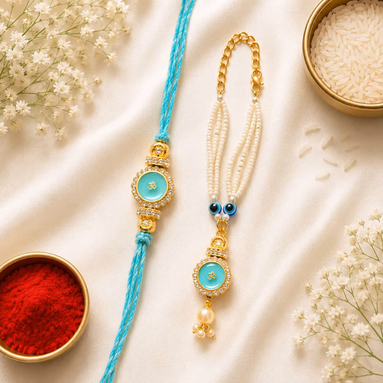 Blush Floral Om Pearl Bhaiya Bhabhi Rakhi Set