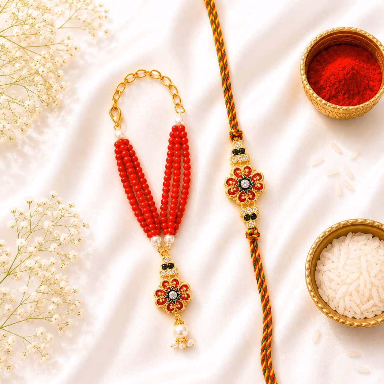 Royal Crimson Floral Bhaiya Bhabhi Rakhi Set