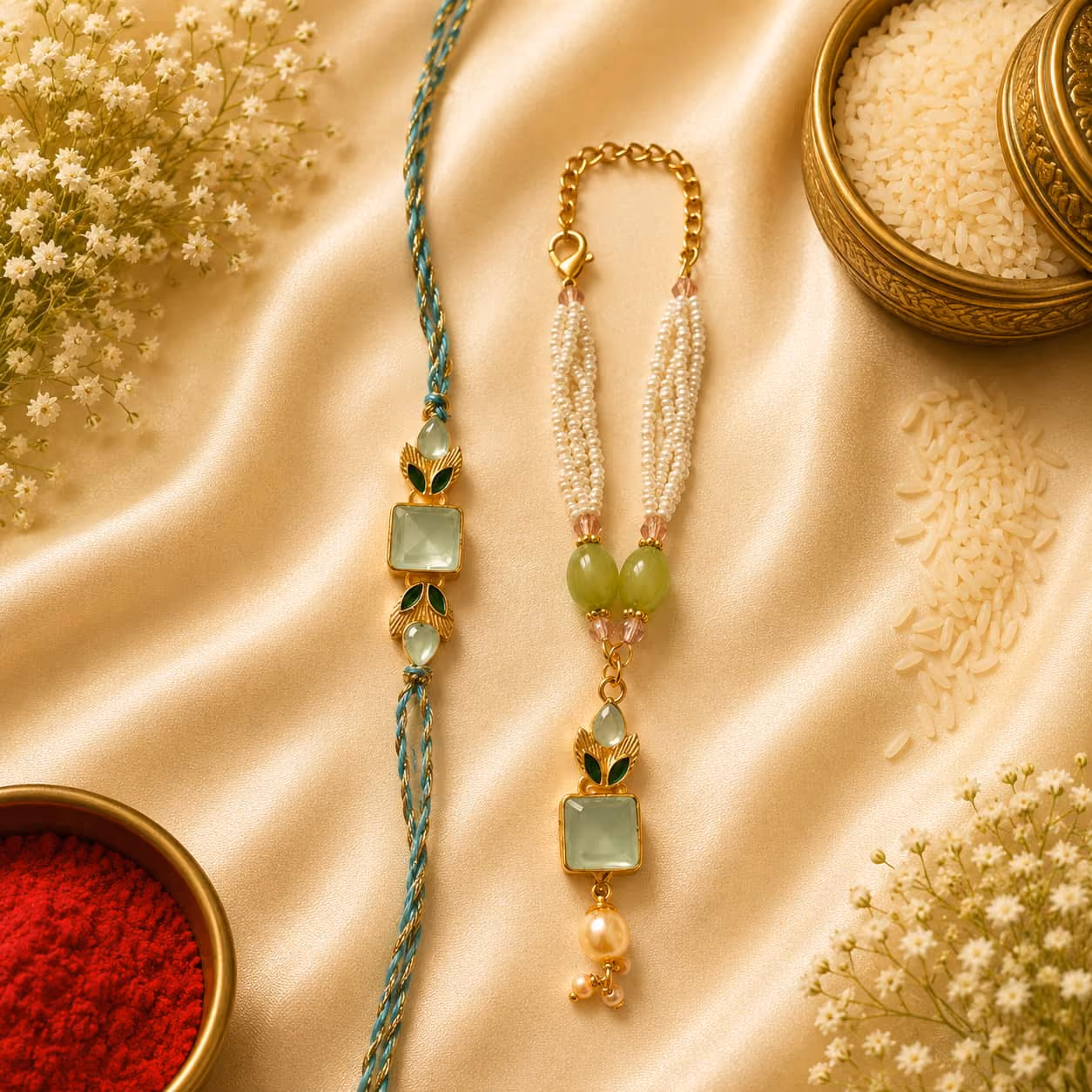 Mint Square Stone Bhaiya Bhabhi Rakhi Set