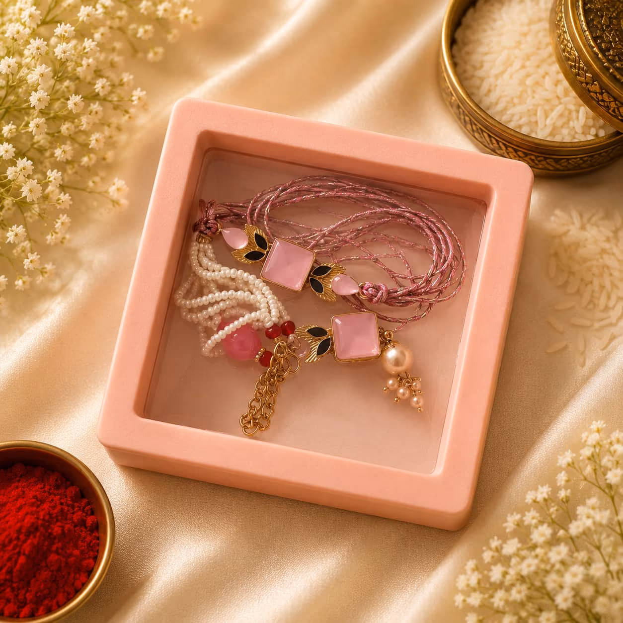 Blush Square Stone Bhaiya Bhabhi Rakhi Set