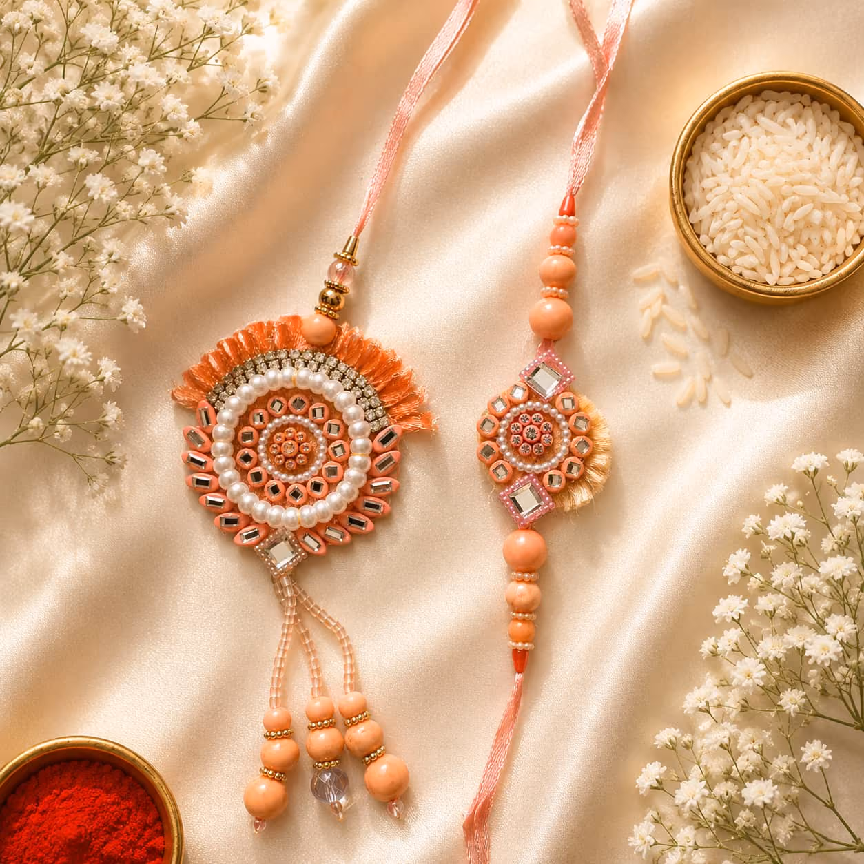 Peach Pearl Mirror Bhaiya Bhabhi Rakhi Set